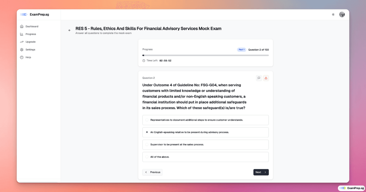ExamPrep.sg RES 5 Exam Simulator Interface showing a situational question
