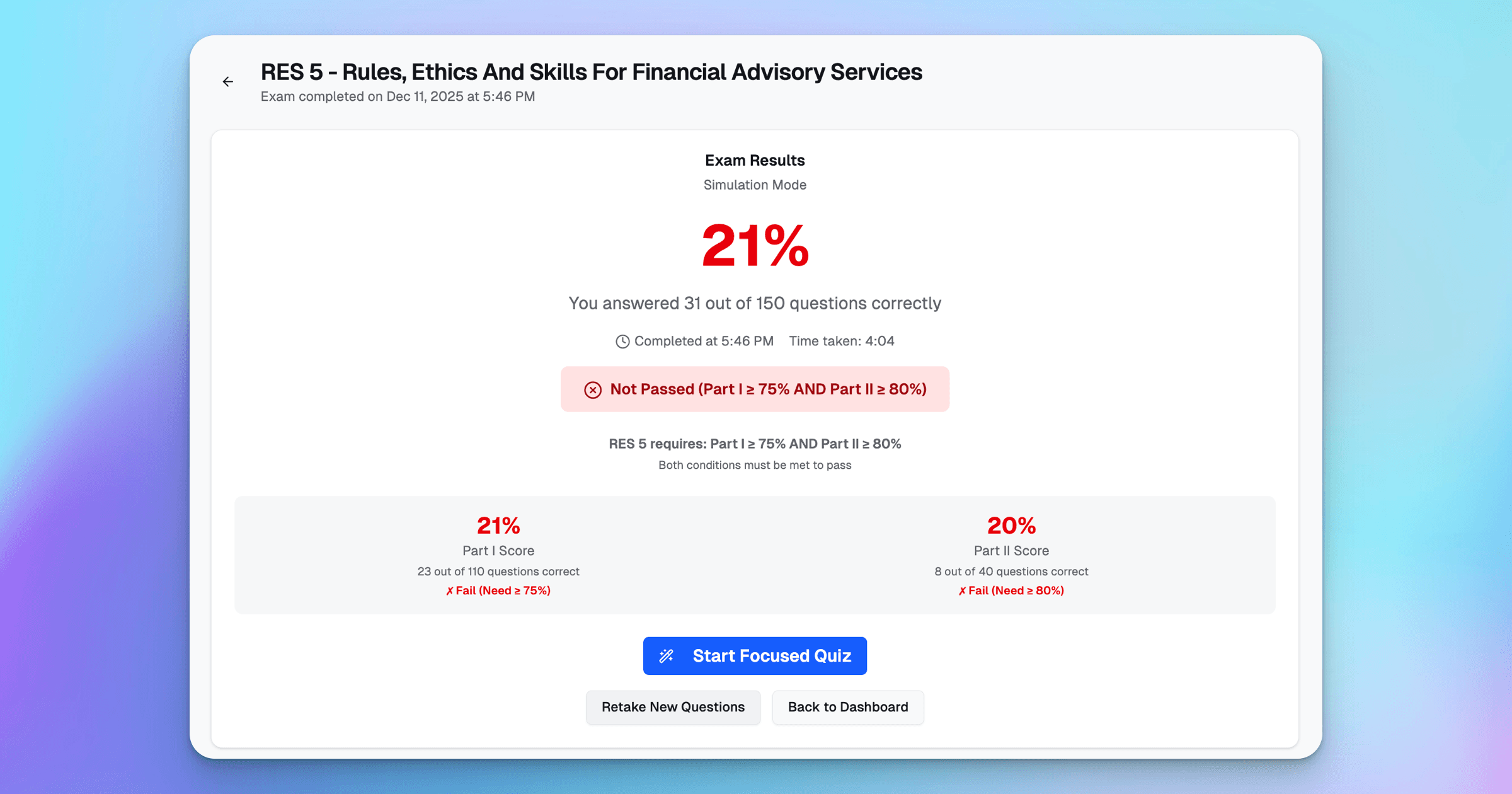 RES 5 two-part scoring dashboard showing separate Part I and Part II results on ExamPrep.sg